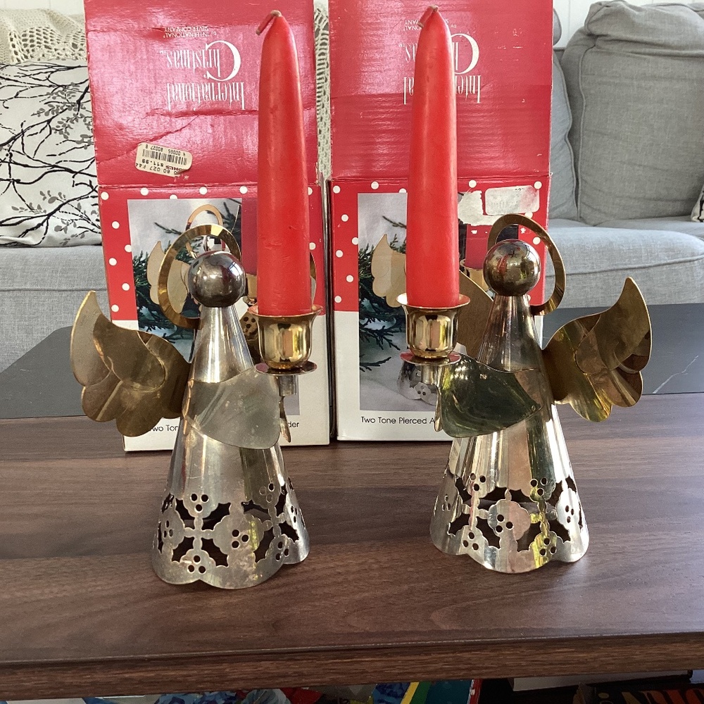 Vtg Brass Angel Candle Holders Holly Etched Skirt Silver Plated Scandinavian